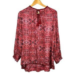 Lucky Brand Red Boho Peasant Blouse Tunic Top 1X Fringed Long Sleeve